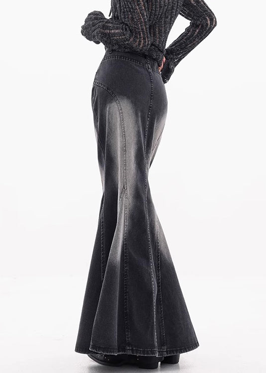 Vintage Black Pockets High Waist Denim Maxi Skirts Fall