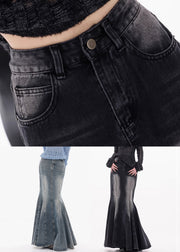 Vintage Black Pockets High Waist Denim Maxi Skirts Fall