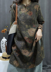 Vintage Black Print Button Linen Shirts Dress Bracelet Sleeve