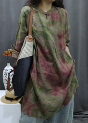 Vintage Black Print Button Linen Shirts Dress Bracelet Sleeve