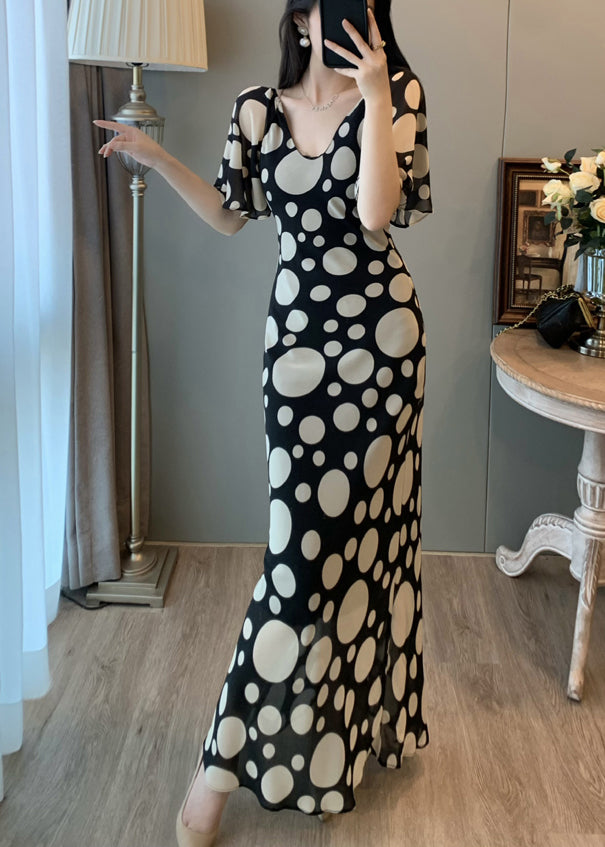 Vintage Black Print Chiffon Vacation Dresses Summer
