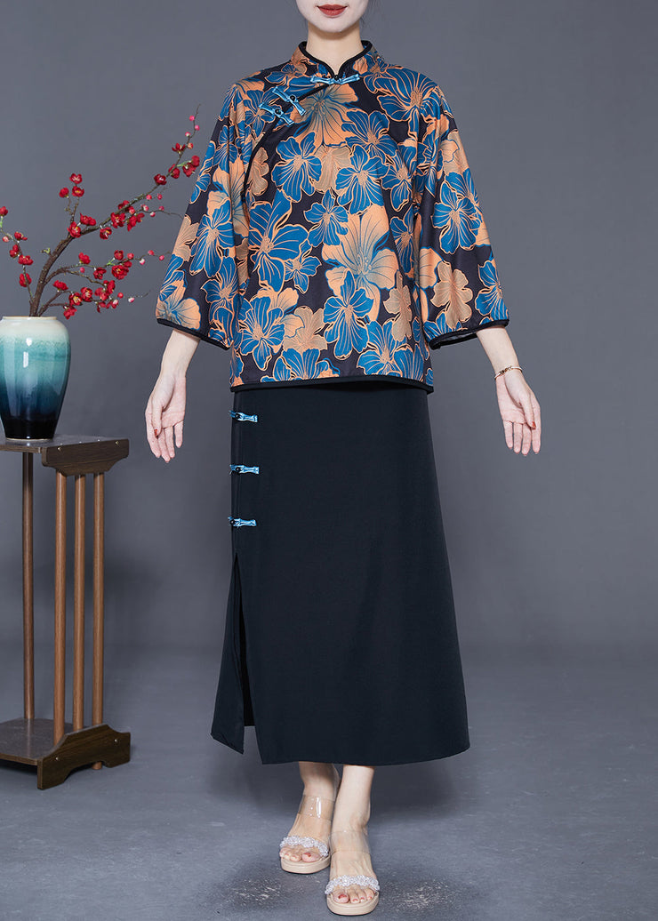 Vintage Black Print Chinese Button Side Open Silk Two Pieces Set Summer