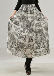 Vintage Black Print Cotton A Line Skirts Spring