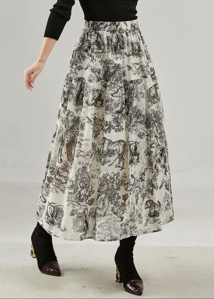 Vintage Black Print Cotton A Line Skirts Spring