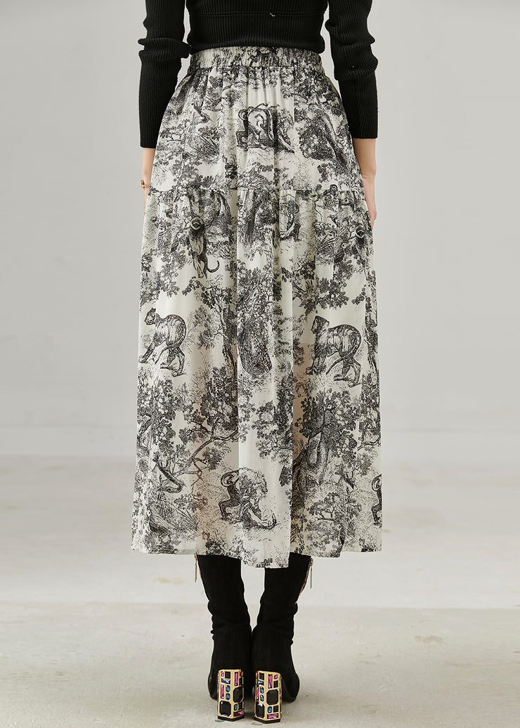 Vintage Black Print Cotton A Line Skirts Spring
