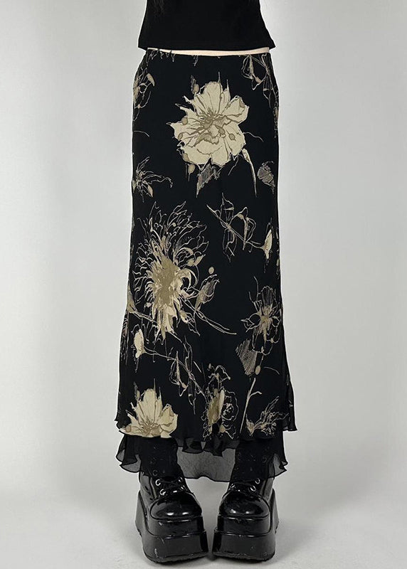 Vintage Black Print High Waist Tulle Skirt Summer