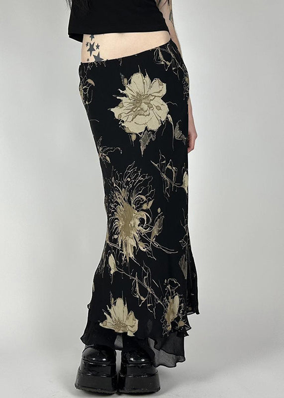 Vintage Black Print High Waist Tulle Skirt Summer