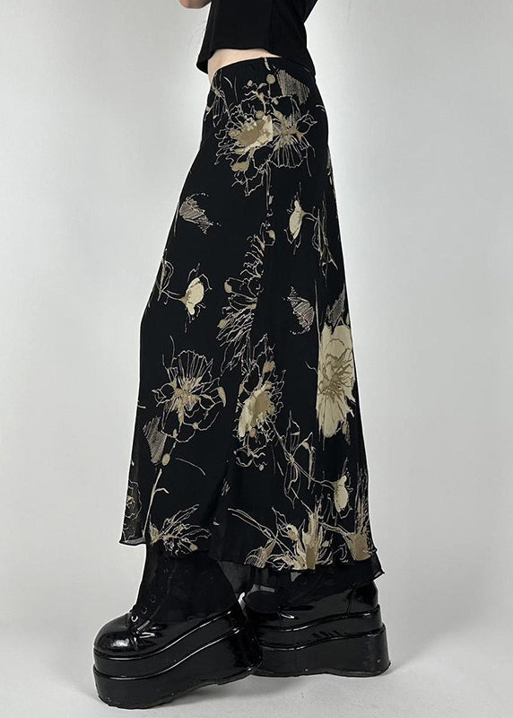 Vintage Black Print High Waist Tulle Skirt Summer