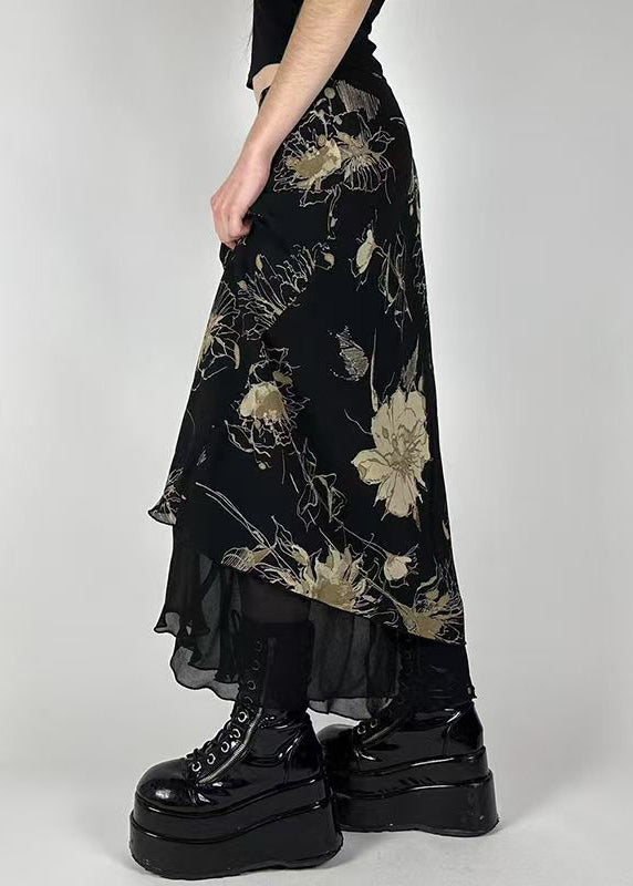Vintage Black Print High Waist Tulle Skirt Summer