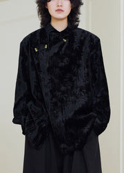Vintage Black Stand Collar Button Silk Velour Shirts Fall
