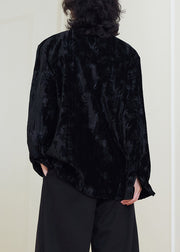 Vintage Black Stand Collar Button Silk Velour Shirts Fall