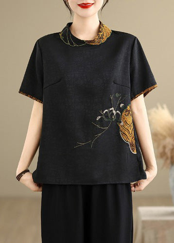 Vintage Black Stand Collar Embroidered Silk Shirt Top Summer