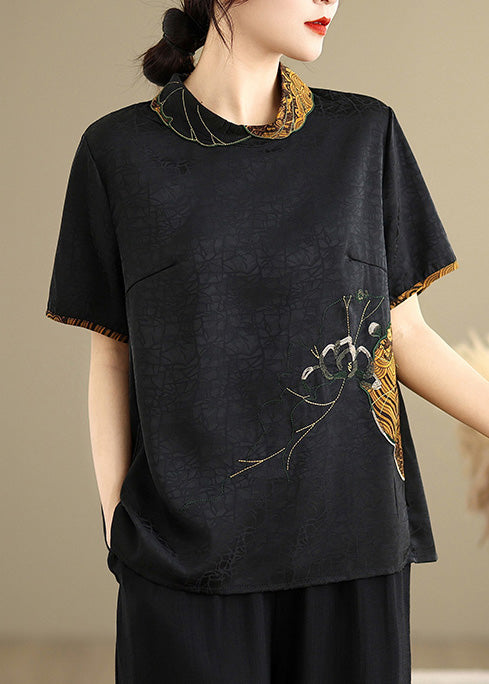 Vintage Black Stand Collar Embroidered Silk Shirt Top Summer