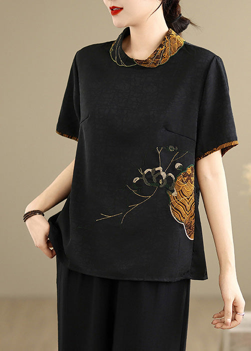 Vintage Black Stand Collar Embroidered Silk Shirt Top Summer