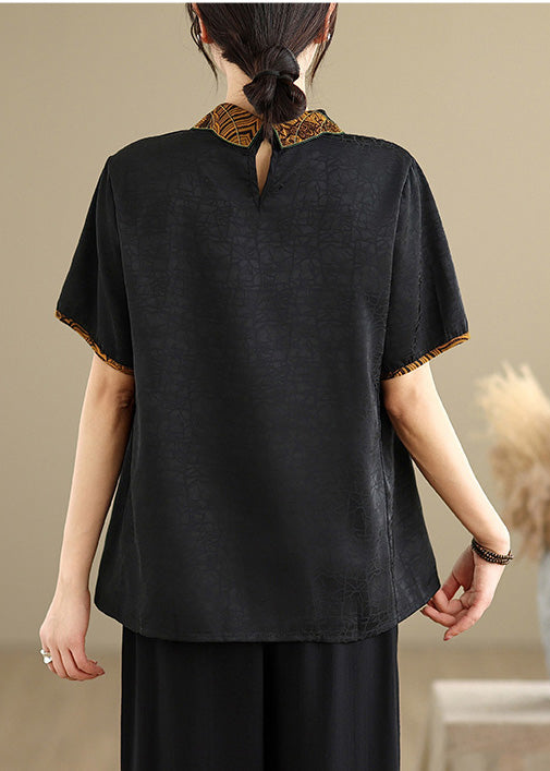 Vintage Black Stand Collar Embroidered Silk Shirt Top Summer