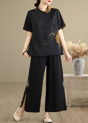 Vintage Black Stand Collar Embroidered Silk Shirt Top Summer