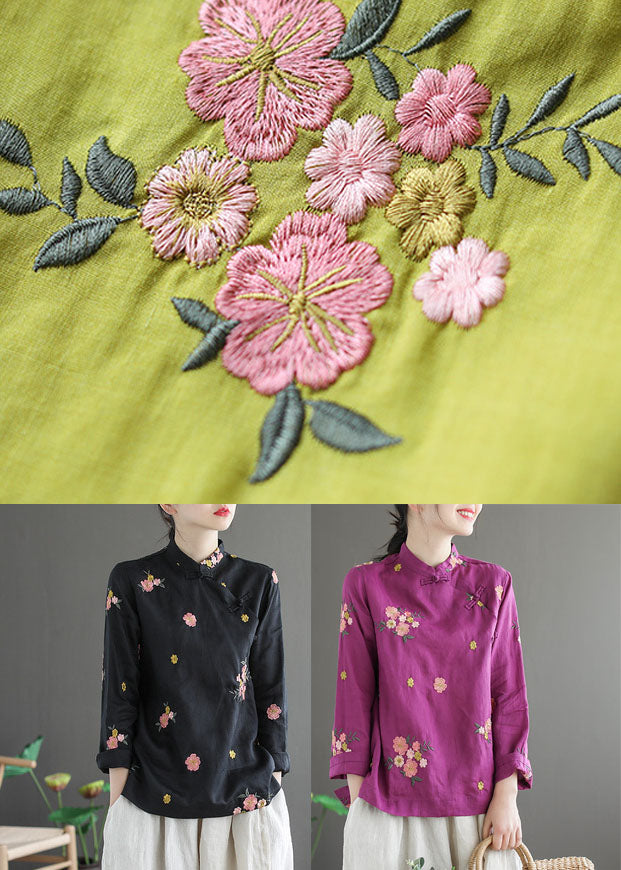Vintage Black Stand Collar Embroideried Linen Shirt Long Sleeve