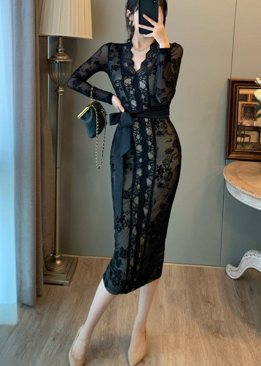 Vintage Black Tunic Lace Wraped Dress Summer