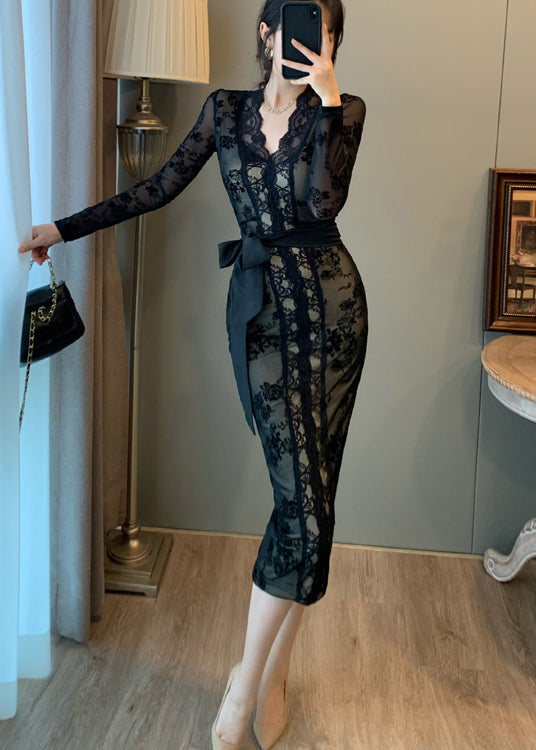 Vintage Black Tunic Lace Wraped Dress Summer