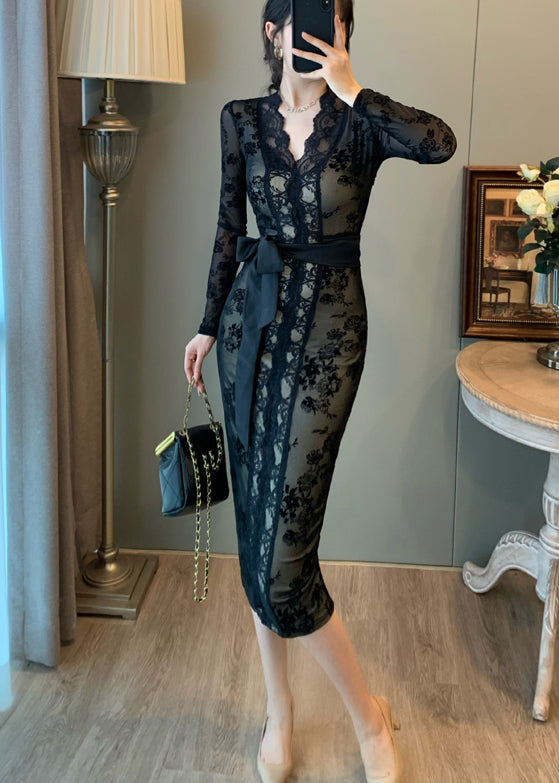 Vintage Black Tunic Lace Wraped Dress Summer