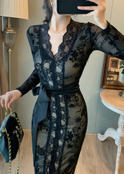 Vintage Black Tunic Lace Wraped Dress Summer