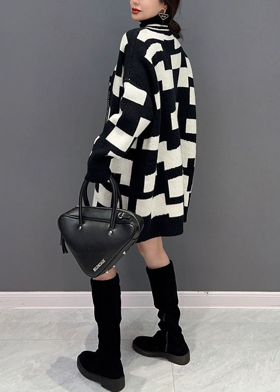 Vintage Black Turtle Neck Patchwork Plaid Knit Fake Two Piece Long Swe