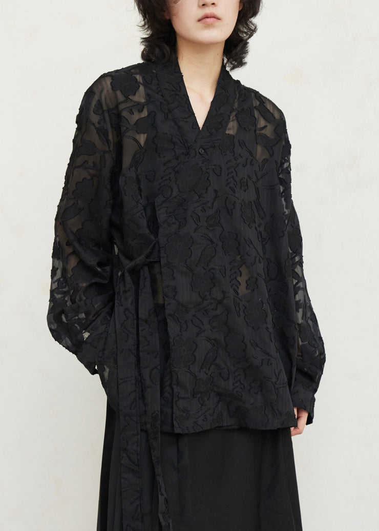 Vintage Black V Neck Floral Tie Waist Lace Top Fall