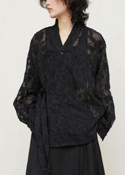 Vintage Black V Neck Floral Tie Waist Lace Top Fall