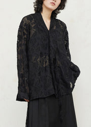 Vintage Black V Neck Floral Tie Waist Lace Top Fall