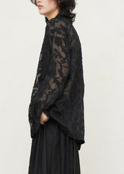 Vintage Black V Neck Floral Tie Waist Lace Top Fall