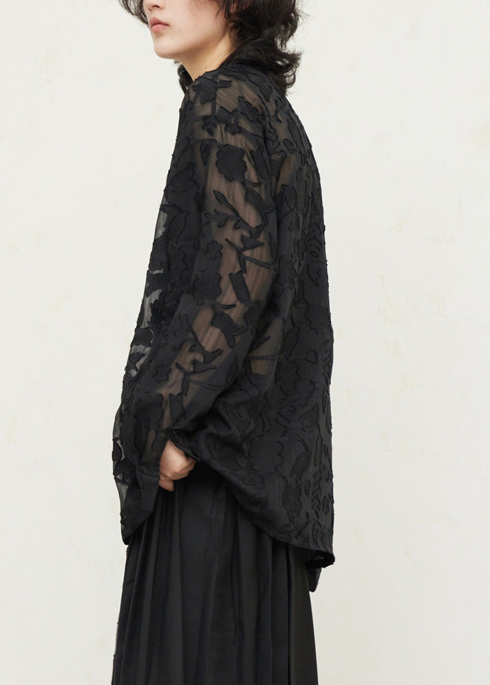 Vintage Black V Neck Floral Tie Waist Lace Top Fall
