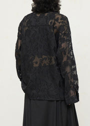 Vintage Black V Neck Floral Tie Waist Lace Top Fall