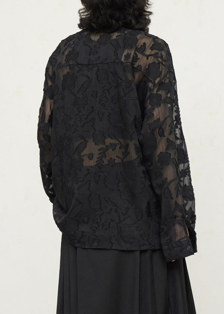Vintage Black V Neck Floral Tie Waist Lace Top Fall