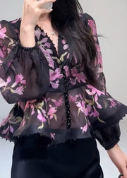 Vintage Black V Neck Print Top Lantern Sleeve