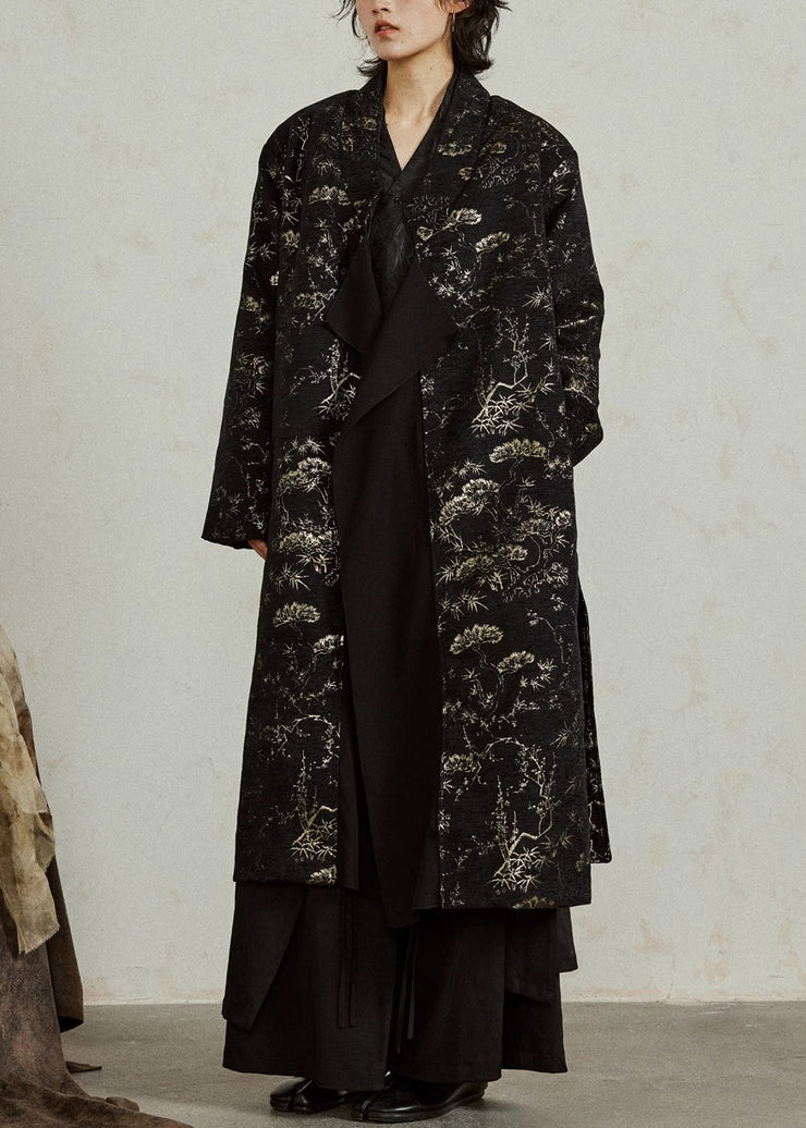 Vintage Black V Neck Tie Waist Jacquard Maxi Coats Fall