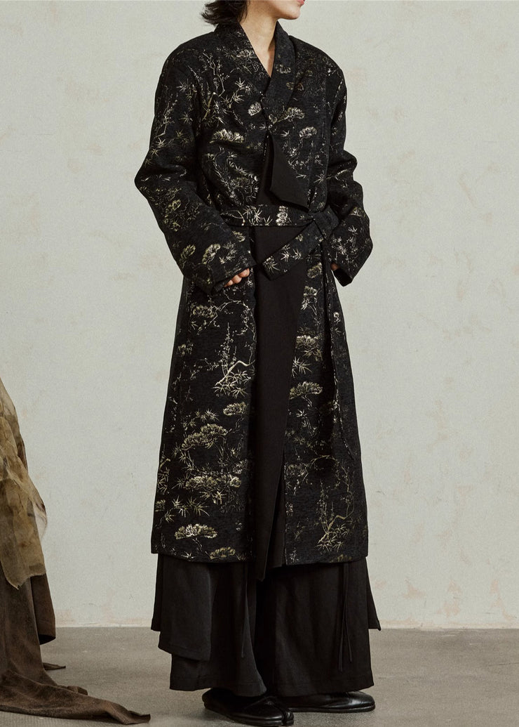 Vintage Black V Neck Tie Waist Jacquard Maxi Coats Fall