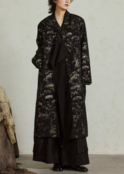 Vintage Black V Neck Tie Waist Jacquard Maxi Coats Fall