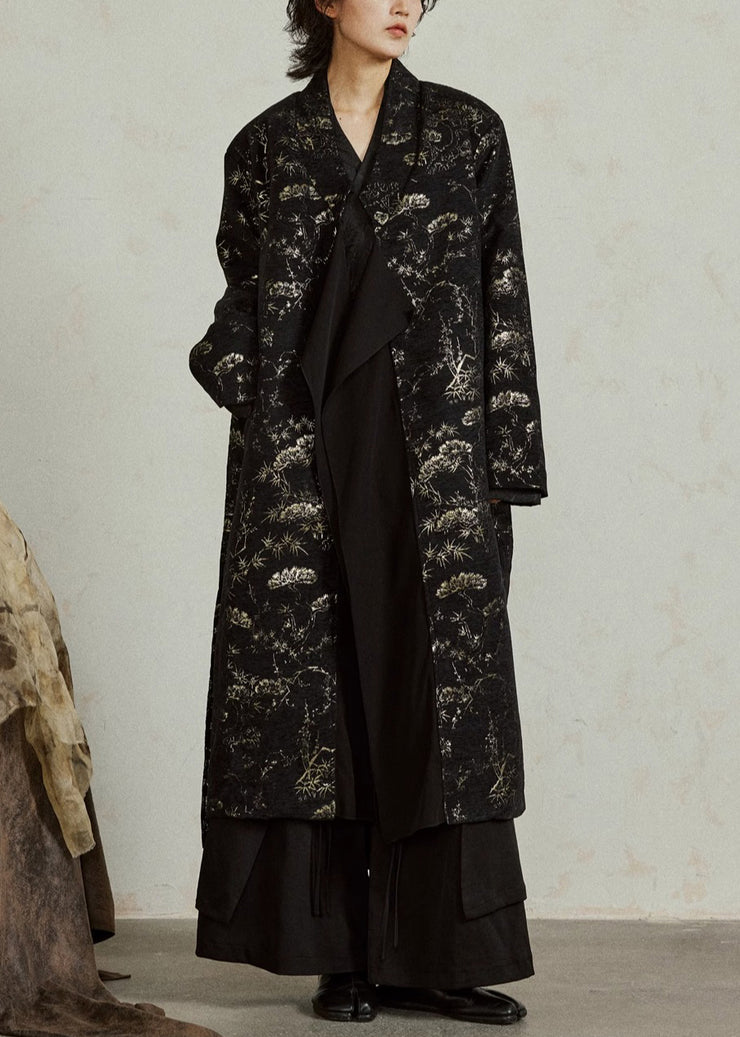 Vintage Black V Neck Tie Waist Jacquard Maxi Coats Fall