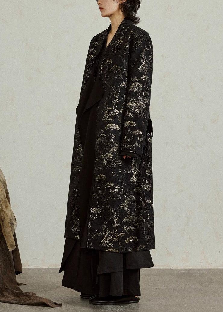 Vintage Black V Neck Tie Waist Jacquard Maxi Coats Fall