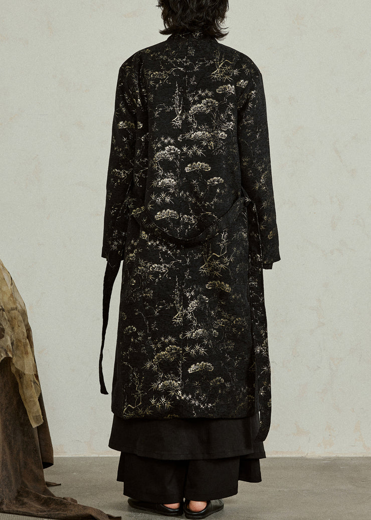 Vintage Black V Neck Tie Waist Jacquard Maxi Coats Fall