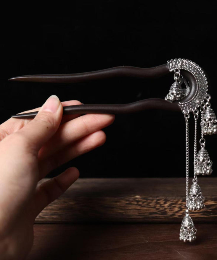 Vintage Black Wooden Bell Tassel Hairpin