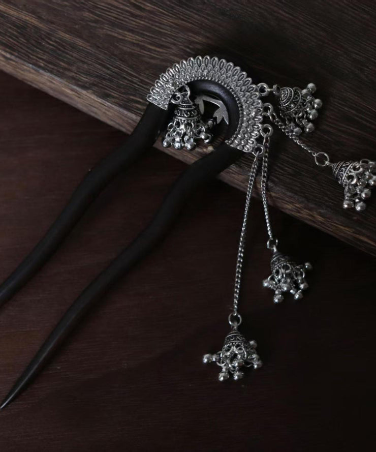 Vintage Black Wooden Bell Tassel Hairpin