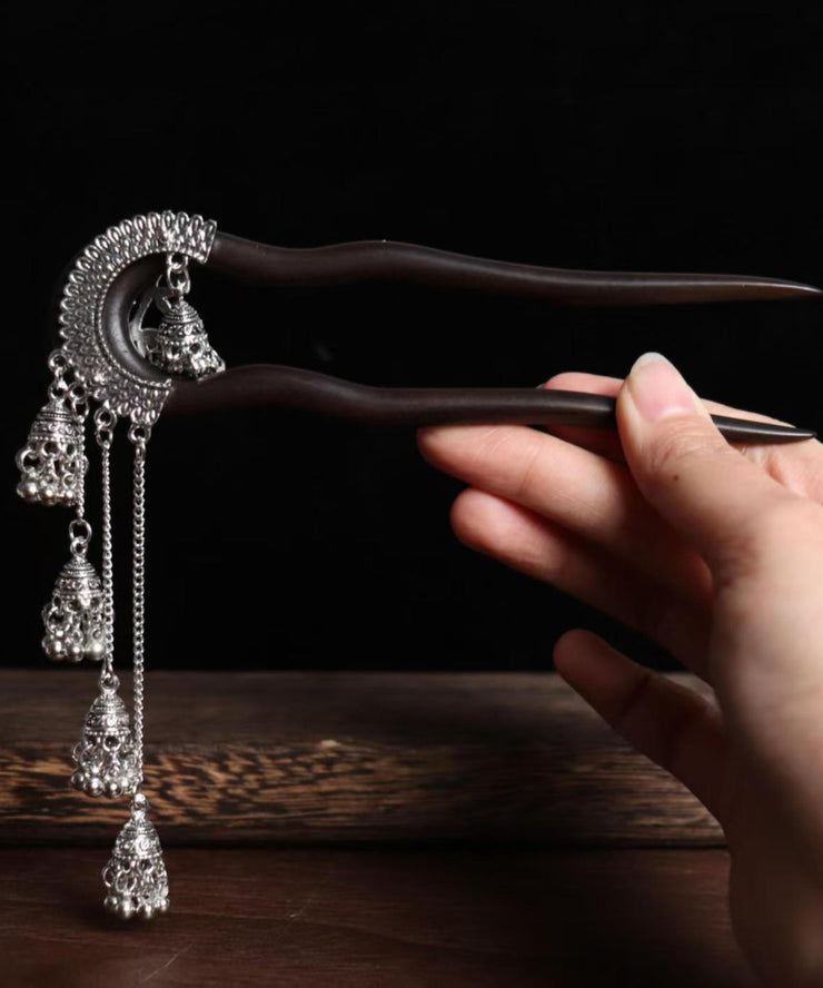 Vintage Black Wooden Bell Tassel Hairpin