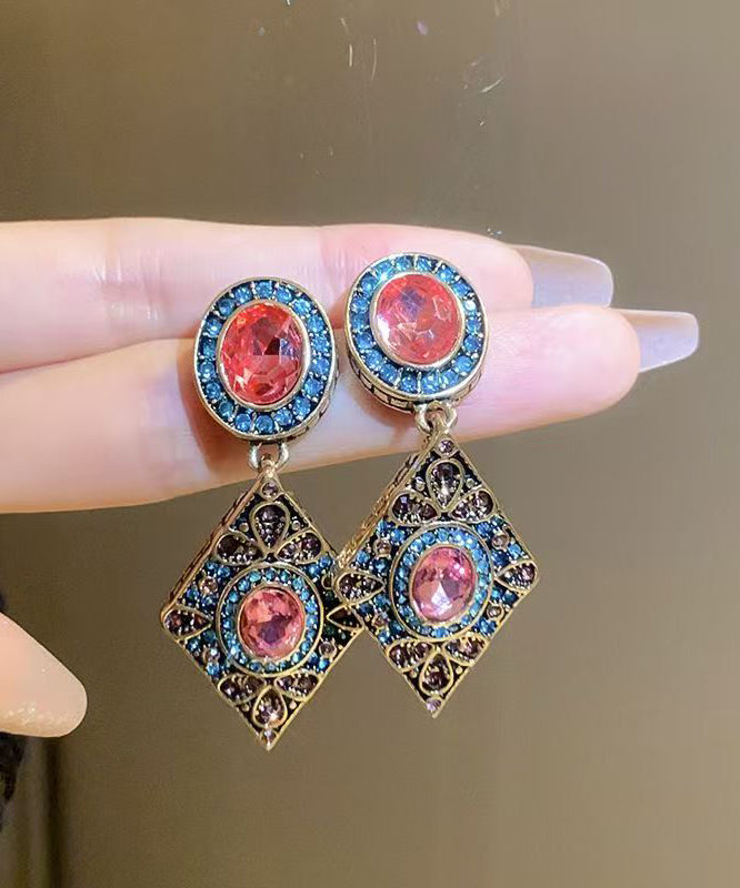Vintage Blue Alloy Zircon Crystal Diamond Shaped Drop Earrings