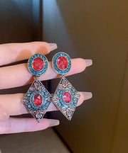 Vintage Blue Alloy Zircon Crystal Diamond Shaped Drop Earrings