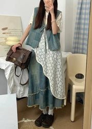 Vintage Blue Asymmetrical Lace Up Denim Three Piece Set Summer