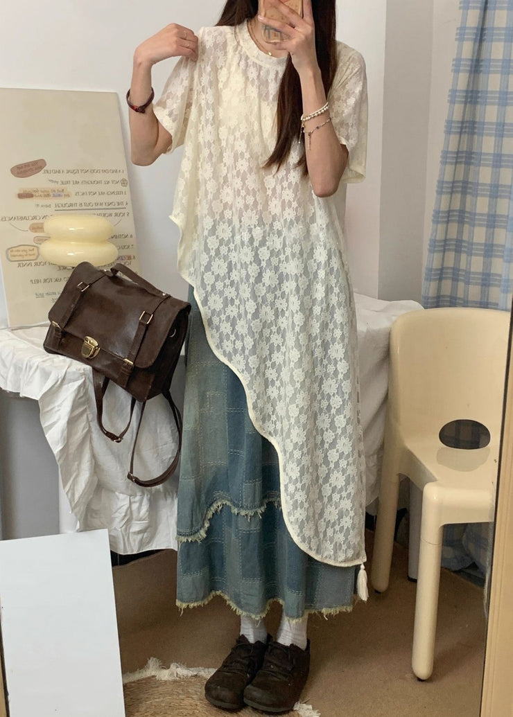 Vintage Blue Asymmetrical Lace Up Denim Three Piece Set Summer