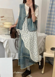 Vintage Blue Asymmetrical Lace Up Denim Three Piece Set Summer