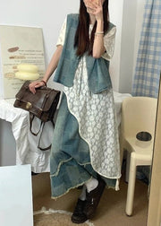 Vintage Blue Asymmetrical Lace Up Denim Three Piece Set Summer