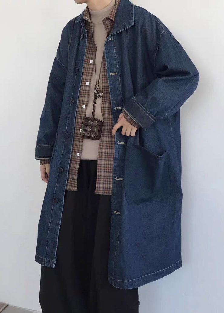 Vintage Blue Button Pockets Denim Men Coat Spring
